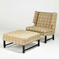 Edward wormley dunbar lounge chair and ottoman berne in 1960s upholstery stained mahogany chair 38 x 31 x 31 ottoman 16 x 31 sq