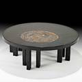 Fernand dresse coffee table belgium 1970s petrified wood polished resin enameled metal etched signature 13 12 x 39 12