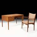 Hans wegner johannes hansen twodrawer desk with pullout return and chair denmark 1960s teak brass wool metal label to chair desk 29 x 49 x 28 chair 36 x 20 12 x 23