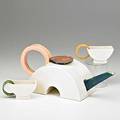 Peter shire b 1947 exp pottery handbuilt glazed earthenware teapot with two teacups los angeles ca 1976 signed and dated teapot 5 12 x 13 x 4 12