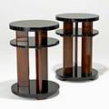 Art deco pair of tiered side tables 1930s mahogany lacquered wood unmarked 26 14 x 18 dia