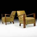 Style of andre sornay pair of lounge chairs france 1940s mahogany leather unmarked 31 12 x 29 x 34