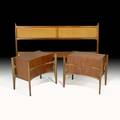 Edmund spence kingsize headboard and two curvedform nightstands sweden 1950s figured walnut stained beech cane stenciled markings nightstands 23 x 20 12 x 17 12 headboard 38 x 79 1