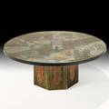 Philip and kelvin laverne chan coffee table new york 1960s etched patinated and enameled bronze pewter raised signature and paper label 17 34 x 47 12 dia