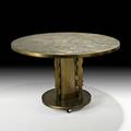 Philip and kelvin laverne etruscan dining table new york 1960s etched and patinated bronze pewter etched signature on casters 28 12 x 46 dia