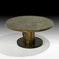 Philip and kelvin laverne etruscan coffee table new york 1960s etched and patinated bronze pewter unmarked 17 x 36 dia