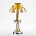 Tiffany studios gold favrile candle lamp new york 1900s favrile glass brass shade etched lct base lct favrile 12 x 7 14