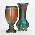 Clewell two copperclad vases with bronze and verdigris patina canton oh each etched clewell 41629 other 29016 6 34 h and 7 12 h
