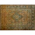 Roomsize rug with blue geometric foliate decoration on ochre ground ca 1970 unsigned 13 7 x 9 9