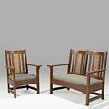 Limbert ebonoak inlaid settee and armchair grand rapids mi ca 1910 oak cane ebony settee 38 x 46 12 x 25 chair 38 x 27 12 x 23