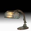 Handel student lamp obversepainted with a nordic landscape meriden ct ca 1915 bronzed metal single socket handel cloth tag shade signed handel 6233 10 x 10 14 x 15