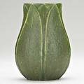 Grueby bulbous vase with tooled and applied leaves excellent matte green glaze boston ma ca 1905 stamp ground down 6 12 x 4 12