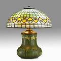 Grueby tiffany studios rare table lamp acorn shade on grueby base with yellow blossoms ca 1905 leaded slag glass earthenware patinated bronze three sockets base with circular pottery stamp