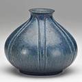Grueby rare vessel in matte blue glaze carved with stylized leaves boston ma ca 1905 circular pottery stamp incised er 5 12 x 6 12