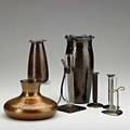 Roycroft seven assorted hammered copper vases some with glass liners some with brass wash east aurora ny 1920s all marked tallest 8 34 x 4