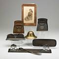 Roycroft eight assorted hammered copper deskset pieces east aurora ny pen tray with twin inkwells picture frame two letter holders etc all marked largest 15 x 4