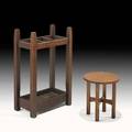 Gustav stickley umbrella stand and tabouret eastwood ny ca 1905 red decal to umbrella stand umbrella stand 33 12 x 21 x 12 tabouret 16 x 14 dia provenance jordanvolpe gallery new