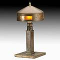 Roycroft helmet shade table lamp east aurora ny 1920s hammered copper mica single socket orb and cross mark 14 x 6 sq provenance skinner 42289