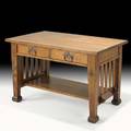 Roycroft twodrawer library table with oversized macmurdo feet east aurora ny ca 1905 carved orb and cross mark 30 14 x 48 x 30 provenance design theories inc pennsylvania don magne
