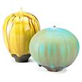 Cabat two feelies yellow and brown glaze blue and green glaze arizona both signed tallest 5 12 x 3 34