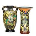Zuidholland gouda two vases in the decor breetvelt pattern double handled vase 1923 and flaring vase 1927 gouda netherlands marked dec breetvelt gouda holland taller 12 12