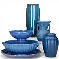 American pottery six vessels in blue glaze three vases two bowls and underplate unmarked tallest vase 12