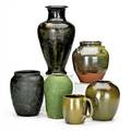 Ben owen jugtown six pieces two jugtown vases and mug in mottled olive together with three american student vases from the 1920s50s most marked tallest 11 34