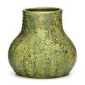 Wheatley squat vase with leaves in curdled mat green signed wp 7 14 x 8 dia