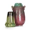 Fulper two vases taller with ring handles in moss to rose flambe shorter buttressed vase in flemington green ca19091922 larger with incised vertical mark shorter with rectangular ink mark tal