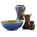 English pottery four pieces late 19thearly 20th c two ruskin vessels 1909 pilkington goldstone vase and redware vase attributed to christopher dresser most marked tallest 6 14