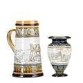 Hannah barlow royal doulton stoneware tankard 1884 and flower vase 1887 incised with ducks cow and sheep doulton markshbb and others tankard 9 14 x 6 14 x 5 14 dia