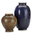 Volkmar two stoneware vessels ovoid vase in chinese blue flambe 1937 and small baluster vase in textured mocha 1938 both signed and dated largest 9