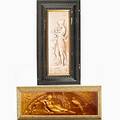 American encaustic tiling co two glazed ceramic panels depicting classical maidens both with later frames each framed 24 12 x 12 12
