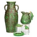 Weller five coppertone pieces tall doublehandled vase pitcher with fish frog ring tray and frog and turtle paperweights most marked tallest 18 12