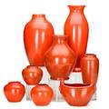 Weller group of eight blo red and chengtu pieces in varying shapes most marked tallest 13