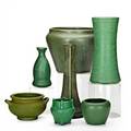 American pottery seven mat green vessels marblehead jardiniere five weller vases in various shapes and roseville doublehandled jardiniere corseted vase marked weller marblehead marked mp and sh