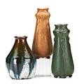 Clewell owens three vessels two gourdform clewell vases with raised cabochons in mat green and brown together with experimental owens vase in mocha and seafoam two marked tallest 9
