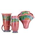 Roseville two pink baneda vases and wallpocket smaller vase with large foil label largest 8 14 x 5 dia
