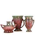Roseville three pink ferella vases including bud vase paper label to largest largest 6 14 x 5 12 x 4 34 dia