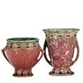 Roseville two doublehandled pink ferella vases smaller with paper label largest 5 x 4 14 dia
