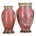 Roseville two doublehandled pink ferella vases shorter with paper label larger 10 14 x 6 12 x 5 12 dia