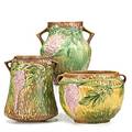 Roseville three brown wisteria vessels two vases and bowl all doublehandled unmarked tallest 8 14