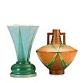 Roseville two futura vases widebodied vase with handles and stepped neck and foursided flaring vase on squat base both unmarked tallest 10