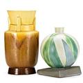Roseville two futura vases tall tiered vase with flared rim and ball vase with leaves unmarked tallest 10