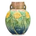 Roseville doublehandled and bulbous sunflower vase unmarked 9 12 x 7 dia