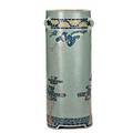 Frederick h rhead roseville decorated mat umbrella stand with three handles and squeezebag decoration of stylized trees and cranes signed h to body 21 14 x 8 14 dia