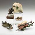 Vienna bronze miniatures six 20th c coldpainted violin coldpainted pocket speckled fish open boxes on marble base and two mice one on marble base marked valton fish 9 14 note fish bron