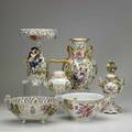 German porcelain six 19th20th c figural compote teapot covered urn two bowls and a vase various meissen and dresden marks tallest 12 58