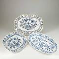 Meissen blue onion three platters two rectangular and one oval 19th20th c two with crossed swords mark one marked meissen in oval largest 19 58 x 9 34