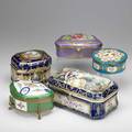 French porcelain boxes five include limoges and sevres factories all with gilded hightlights 20th c largest 5 12 x 10 12 x 6 12